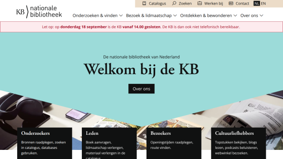 Homepage of the National Library of the Netherlands with welcome message and navigation options.