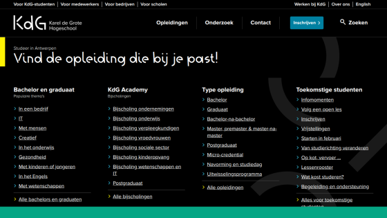 Kdg website homepage listing bachelor and graduate programs, types of education, and student testimonials