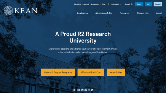 Homepage of Kean University highlighting its status as an R2 Research University.