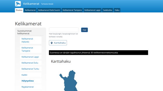 Weather camera site with navigation tabs, search box, and map search for Finnish cities