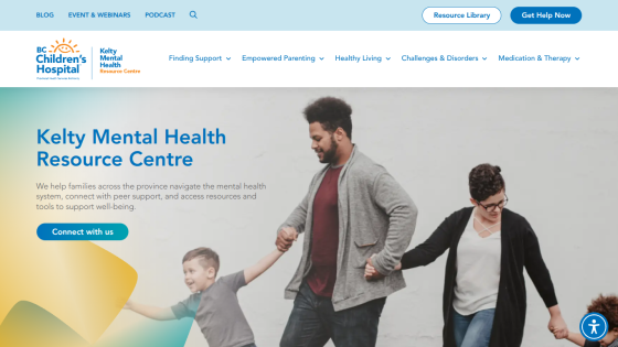 Kelty Mental Health Resource Centre homepage offering support for families with mental health navigation and peer support