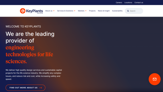 KeyPlants homepage with navigation and hero text about engineering technologies for life sciences