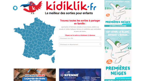 Kidiklik homepage showing a map of France for family outings and promotions for children's events and movies