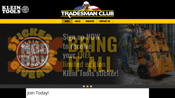 Tradesman Club homepage with Klein Tools sticker giveaway promotion and sign-up call to action
