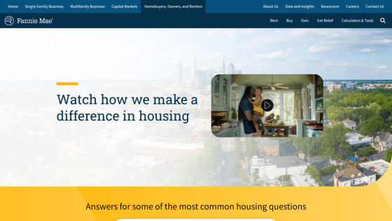 Fannie Mae homepage with navigation and a hero section inviting to watch how they make a difference in housing