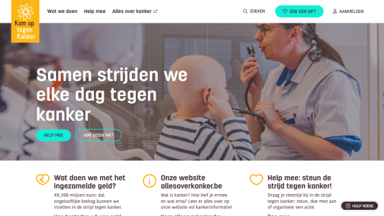Cancer charity site with headline about fighting cancer daily, featuring a child patient and healthcare worker, with donation and help options