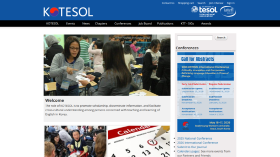 KOTESOL homepage promoting English teaching in Korea with event info and conference call for abstracts