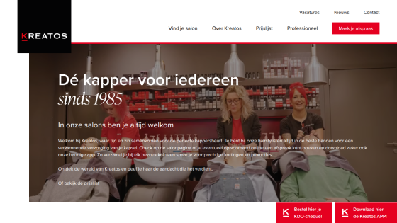 Kreatos hair salon homepage with tagline 'Dé kapper voor iedereen sinds 1985' and welcoming text about hairstyling services