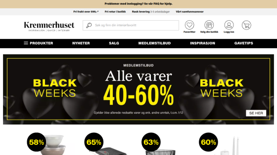 Kremmerhuset homepage with Black Weeks sale offering 40-60% off all items for members