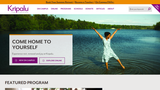Hero section promoting a retreat with a woman in water and the text 'Come Home to Yourself'.