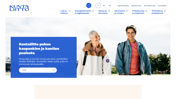 Kuntaliitto website with navigation menu and hero section stating support for cities and municipalities with a search bar
