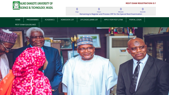 Aliko Dangote University of Science & Technology Wudil website with navigation menu and hero image of people in formal attire