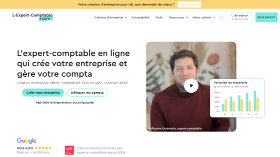 Online accounting service homepage with headline, call-to-action buttons, and video thumbnail featuring a person.