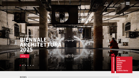 Homepage for Biennale Architettura 2025 featuring a modern art installation.