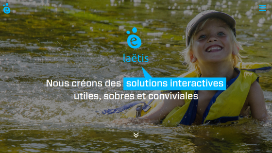 Website hero with child in life jacket swimming, text about creating useful, sober, and friendly interactive solutions