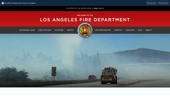 Homepage of the Los Angeles Fire Department featuring a fire truck and scenic background.
