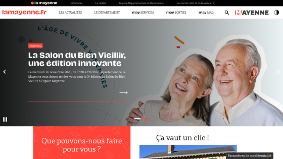 Homepage of a senior living community featuring smiling elderly couple and text about innovative edition of Bien Vieillir club