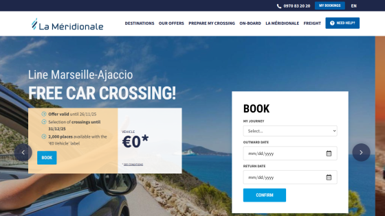 La Méridionale ferry service homepage with free car crossing offer and booking form for journey and dates