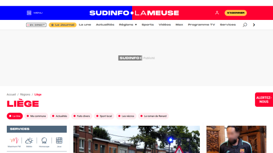 Sudinfo La Meuse news site showing Liège regional news categories and local news images