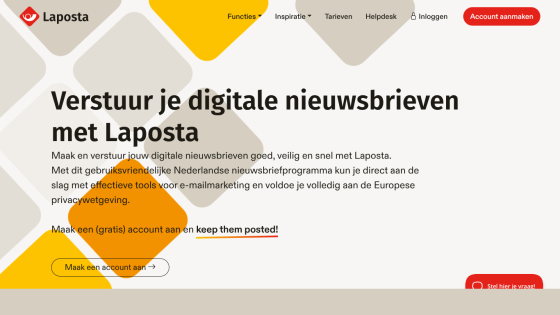 Laposta homepage with headline about sending digital newsletters securely, call-to-action button, and navigation menu