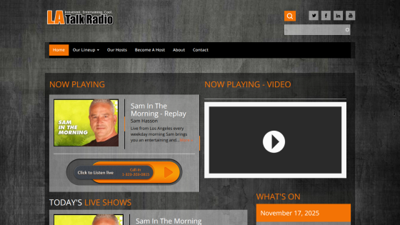 LA Talk Radio homepage with live show 'Sam In The Morning' replay and video player, plus navigation menu