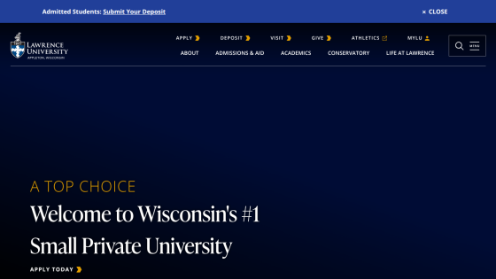 Homepage of a small private university highlighting its ranking and welcoming message.