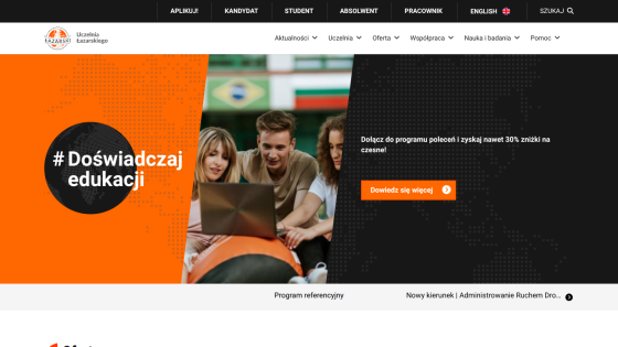 Łazarski University homepage with navigation, education hashtag, and referral program offer with discount button