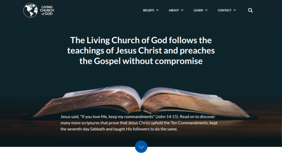 Living Church of God homepage with teachings of Jesus Christ and open Bible image
