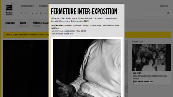 Announcement of LE BAL and LE BAL Books closure from Nov 17 to 27 with restaurant hours and exhibition info