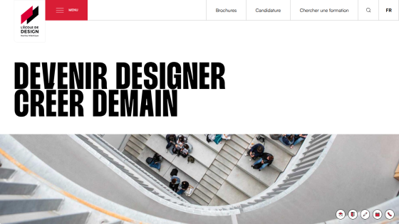Design school homepage with headline 'Devenir Designer Creer Demain' and aerial photo of people on stairs