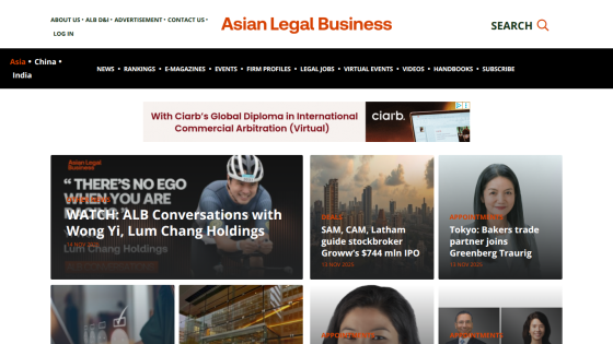 Asian Legal Business homepage with news articles on legal appointments, deals, and conversations