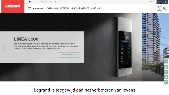 Legrand website hero section showcasing LINEA 5000 innovative outdoor intercom with modern design and advanced technology