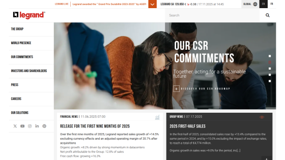 Legrand corporate site showing CSR commitments and financial news for 2025 with navigation menu