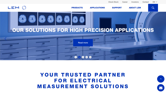 LEM website homepage with navigation and hero section promoting high precision applications and electrical measurement solutions