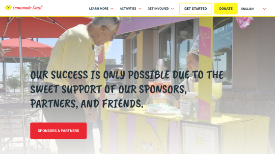 Lemonade Day website hero with a man and girl at a lemonade stand and text about support from sponsors and partners