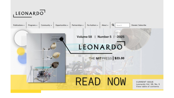 Leonardo journal homepage showing Volume 58, Number 5, 2025 issue with a 'Read Now' call to action and navigation menu