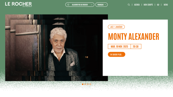 Le Rocher de Palmer website featuring Monty Alexander jazz concert on Nov 18, 2025 at 20:30