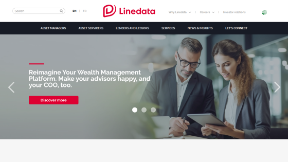 Linedata homepage with navigation menu and hero section promoting wealth management platform for advisors and COOs