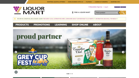 Liquor Mart homepage with navigation, search bar, and hero promoting Grey Cup Fest partnership with Canadian Club products