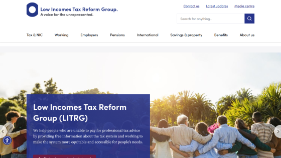 Low Incomes Tax Reform Group homepage with navigation and hero section describing free tax advice for low income people