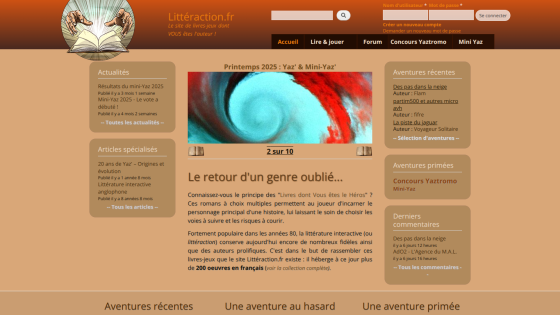 Littéraction.fr homepage featuring interactive book games, navigation menu, recent news, and a highlighted article on the return of a forgotten genre.