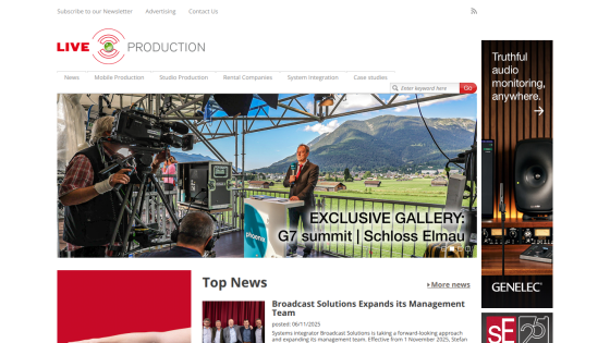 Live Production website with navigation, exclusive G7 summit gallery, and top news on broadcast solutions management