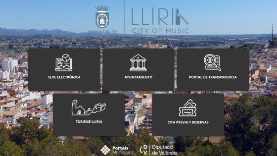 Lliria city official site with navigation options for electronic headquarters, town hall, transparency portal, tourism, and reservations