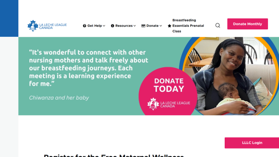 La Leche League Canada homepage with breastfeeding support quote, donate button, and navigation links