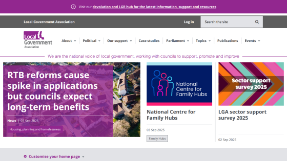 Local Government Association homepage featuring news on RTB reforms and support surveys.