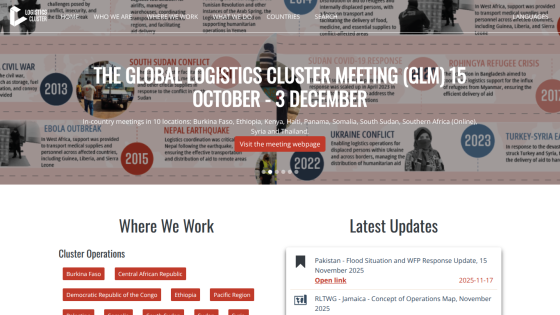 Global Logistics Cluster meeting announcement with locations and navigation menu