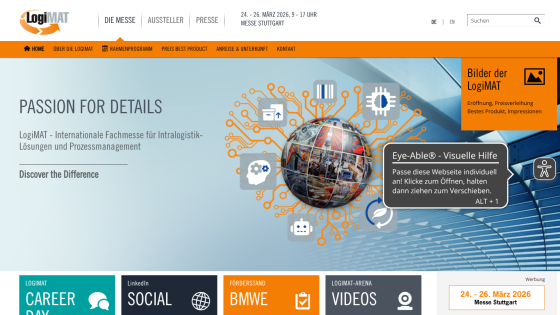 LogiMAT trade fair homepage with event details, navigation menu, and visual elements highlighting intralogistics solutions