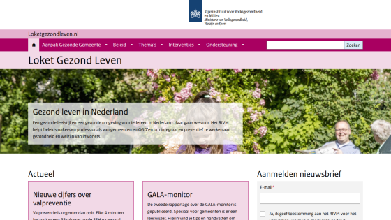 Loket Gezond Leven website promoting healthy living in the Netherlands with navigation and newsletter signup