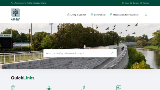 City of London website homepage with search bar and navigation links.