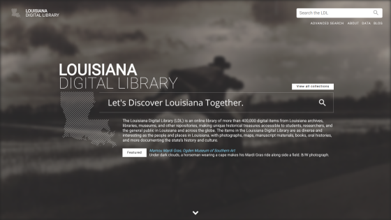 Louisiana Digital Library homepage with search bar, introduction text, and featured item about Mardi Gras truck float